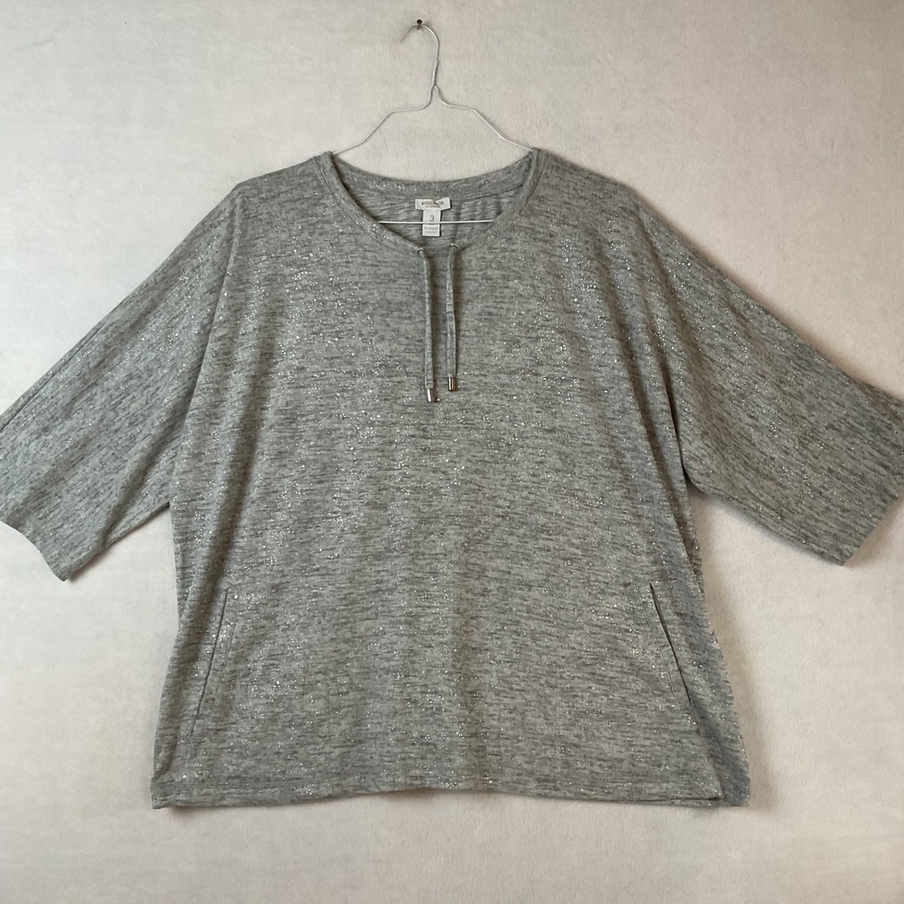 Weekends by Chicos Gray Silver‎ Shimmer Metallic Pockets Top Womens 3 XL
